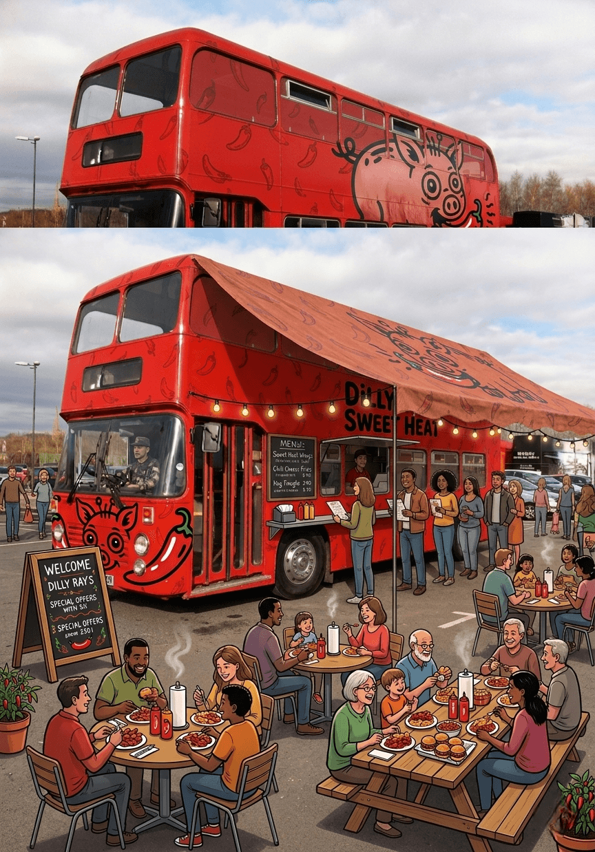 Dilly Ray's Sweet Heat bus serving customers with outdoor dining